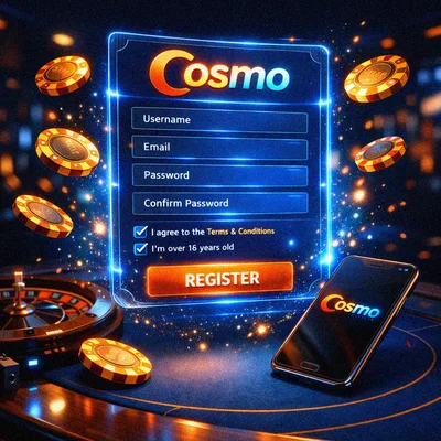 Holographic casino registration interface with gold chips